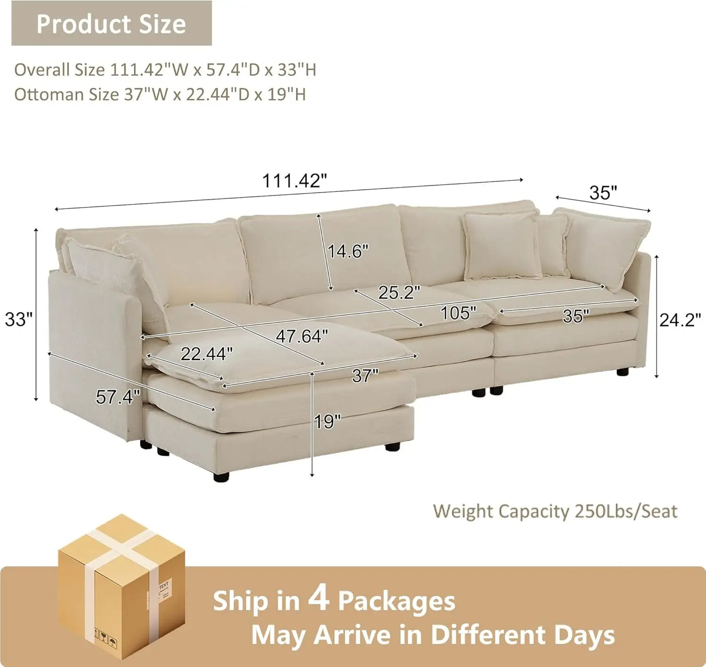 Modular Sectional Sofa, Convertible Modern L Shaped Sofa Chenille Cloud Couches Set with Ottoman for Living Room